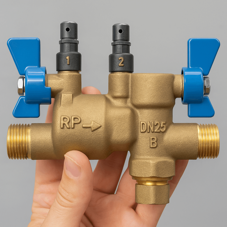 male hand holding a RPV valve, grey background