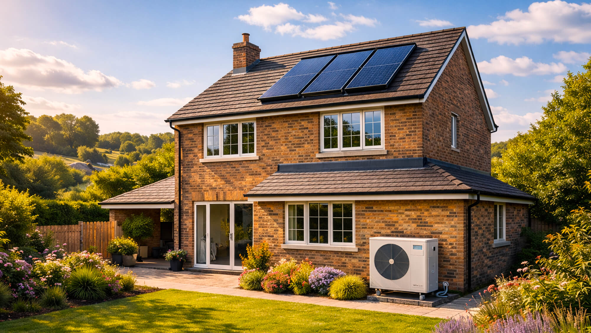 a typical Uk detached home with renewable energy technologies